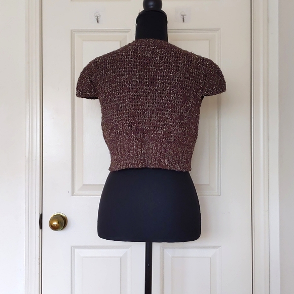 NWOT. Brown with Good Sparkle Short Sleeve Cropped Openfront Crochet Cardigan. - Picture 2 of 4